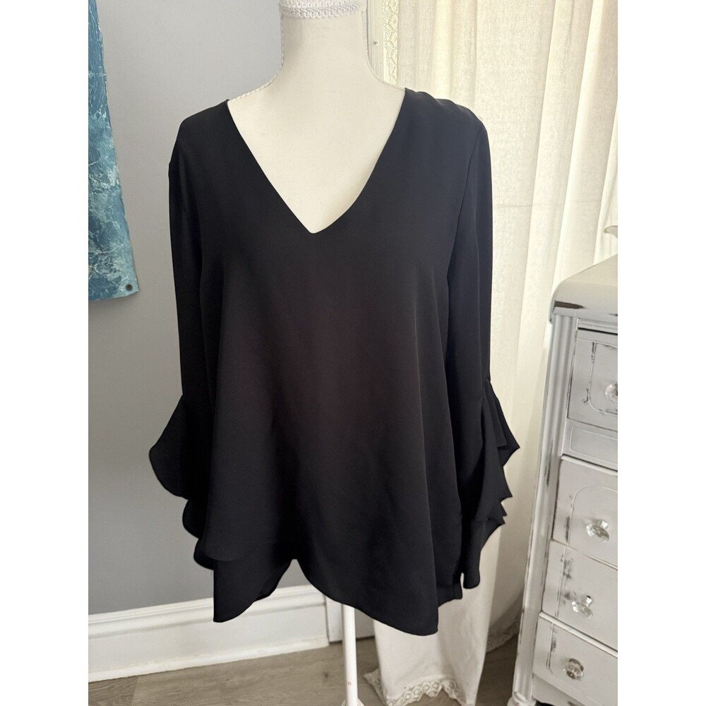 Vince Camuto Womens Floral Ruffle Bell Sleeve V-Neck Blouse New Ivory Black L